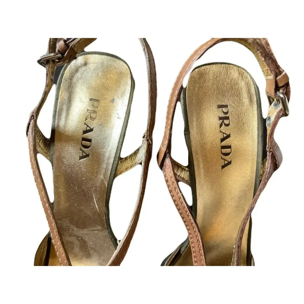 Prada Olive Green Satin And Brown Leather Slingback 4” Heel Size 10 - Picture 3 of 6